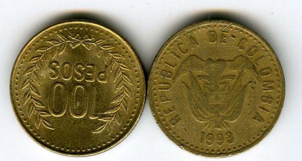 Монета 100 песо 1993г Колумбия