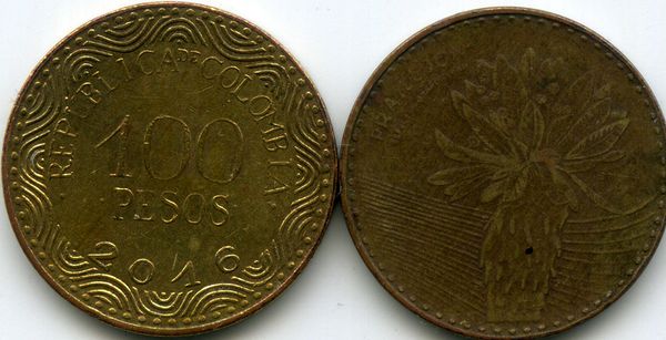 Монета 100 песо 2016г Колумбия