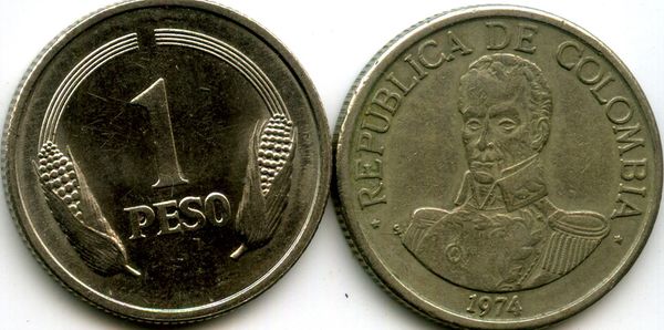 Монета 1 песо 1974г Колумбия