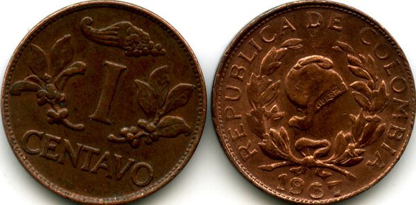 Монета 1 сентавос 1967г Колумбия