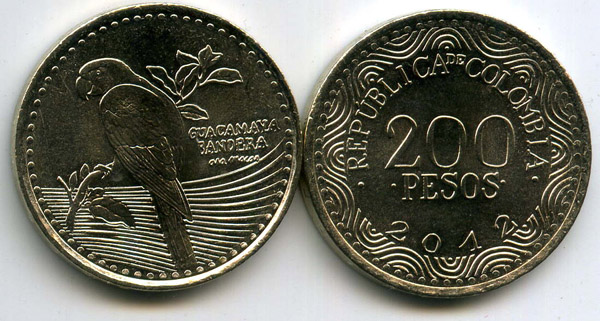 Монета 200 песо 2012г Колумбия