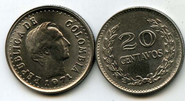 Монета 20 сентавос 1971г Колумбия