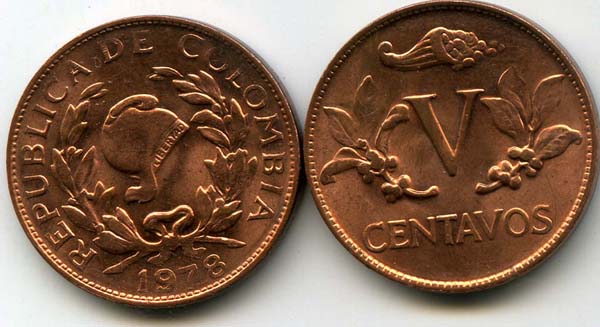 Монета 5 сентавос 1978г Колумбия