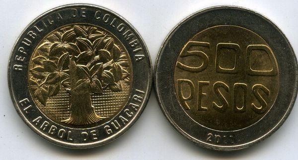 Монета 500 песо 2011г Колумбия