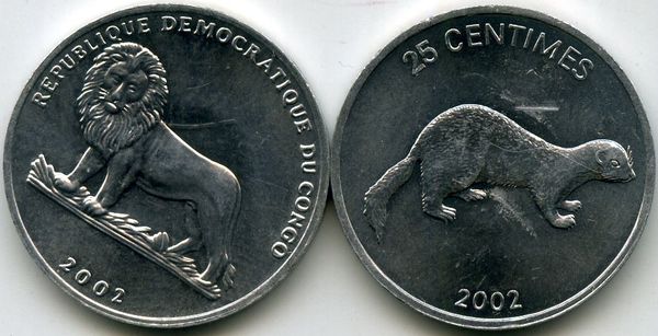Монета 25 сантимов 2002г енот ДР Конго
