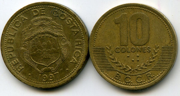 Монета 10 колон 1997г Коста-Рика