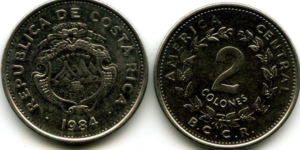 Монета 2 колона 1984г Коста-Рика