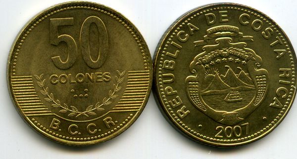 Монета 50 колон 2007г Коста-Рика