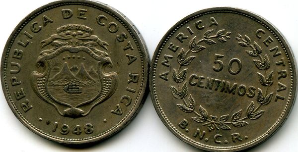Монета 50 сентимос 1948г Коста-Рика