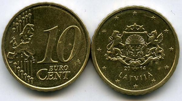 Монета 10 евроцент 2014г из обращения Латвия