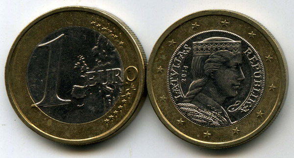 Монета 1 евро 2014г из обращения Латвия