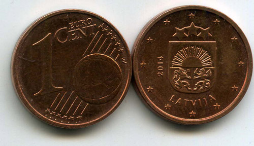 Монета 1 евроцент 2014г из обращения Латвия