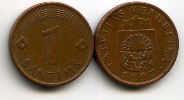 Монета 1 сентим 1997г Латвия
