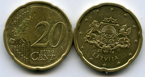 Монета 20 евроцент 2014г из обращения Латвия