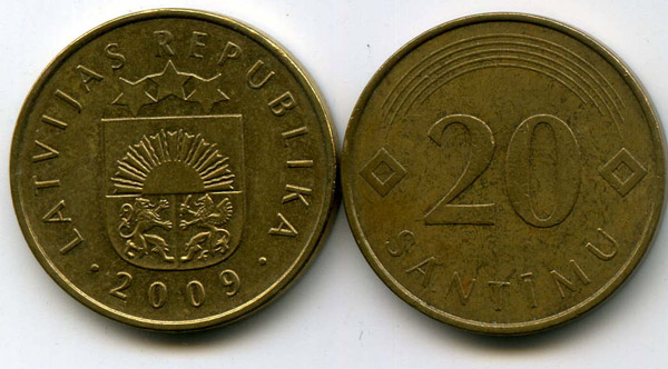 Монета 20 сентим 2009г Латвия