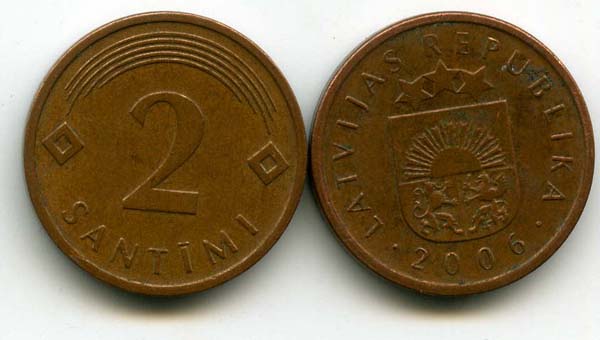 Монета 2 сентима 2006г Латвия