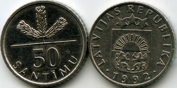 Монета 50 сентим 1992г Латвия