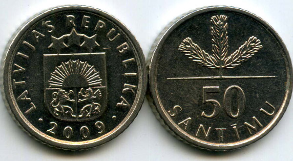 Монета 50 сентим 2009г Латвия