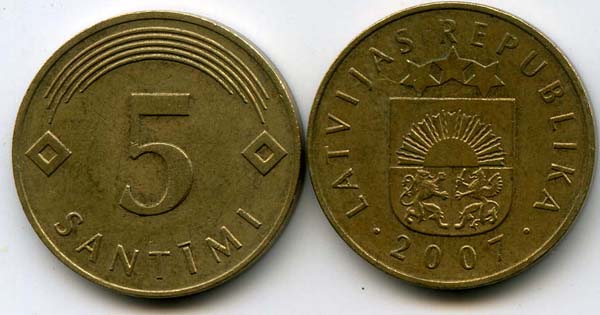 Монета 5 сентим 2007г ац Латвия