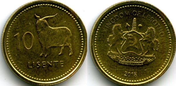 Монета 10 лисенте 2018г Лесото