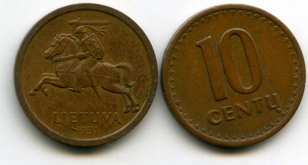 Монета 10 сенти 1991г Литва