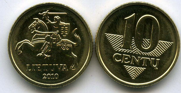 Монета 10 сенти 2010г АЦ Литва