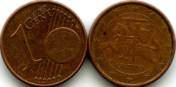 Монета 1 евроцент 2015г Литва