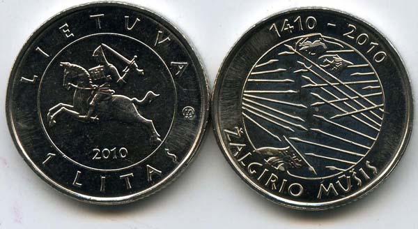Монета 1 лит 2010г Грюнвальдская битва Литва