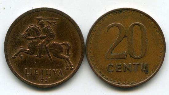 Монета 20 сенти 1991г Литва