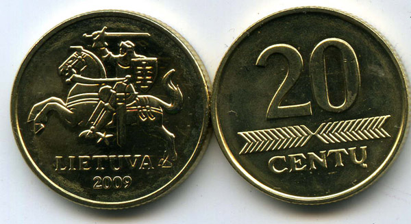 Монета 20 сенти 2009г АЦ Литва