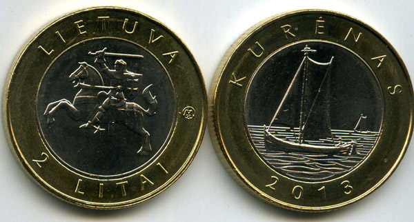 Монета 2 лита 2013г куренас Литва