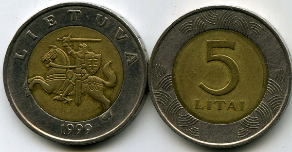 Монета 5 лит 1999г Литва