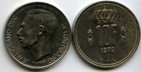Монета 10 франков 1972г Люксембург