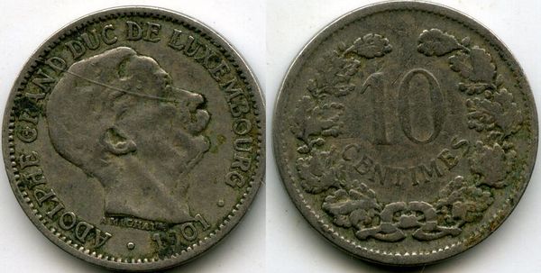 Монета 10 сентимес 1901г Люксембург