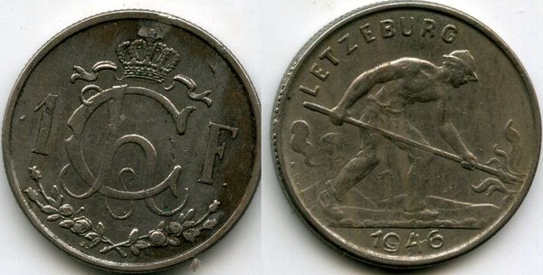 Монета 1 франк 1946г Люксембург
