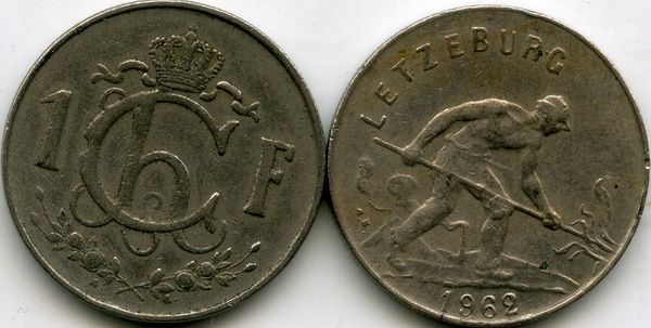 Монета 1 франк 1962г Люксембург