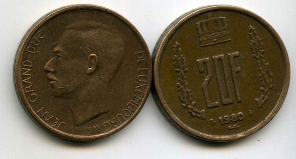 Монета 20 франков 1980г Люксембург