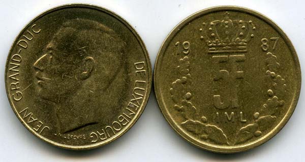 Монета 5 франков 1987г Люксембург