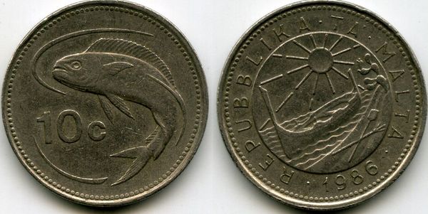 Монета 10 центов 1986г Мальта