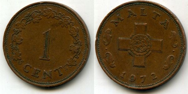 Монета 1 цент 1972г Мальта