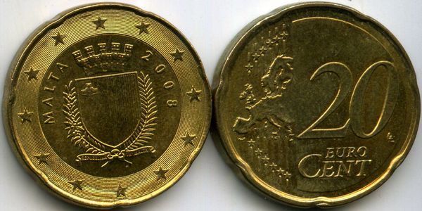 Монета 20 евроцентов 2008г Мальта