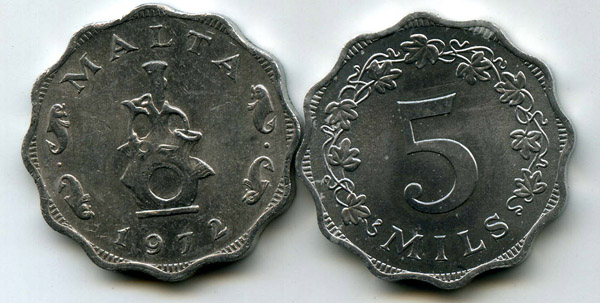 Монета 5 милс 1972г Мальта