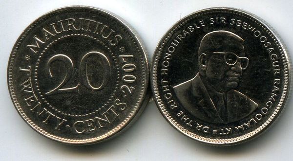 Монета 20 центов 2007г Маврикий
