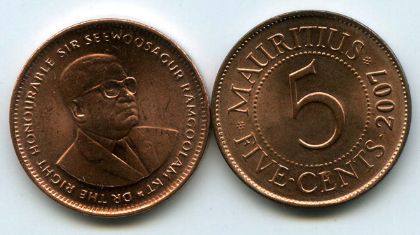 Монета 5 центов 2007г Маврикий
