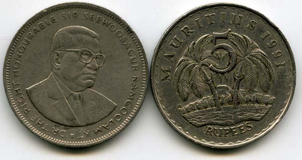 Монета 5 рупий 1991г Маврикий
