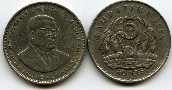 Монета 5 рупий 1992г Маврикий
