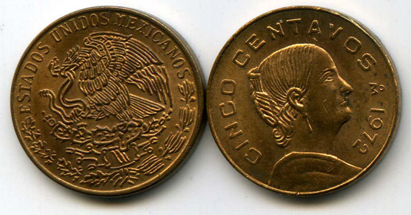 Монета 5 сентавос 1974г Мексика