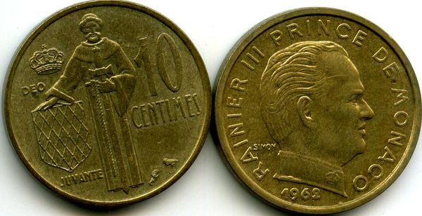 Монета 10 сантимов 1962г Монако