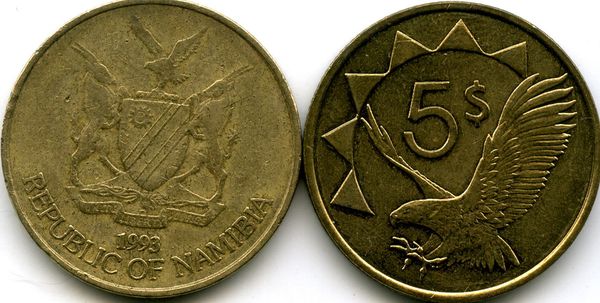 Монета 5 долларов 1993г Намибия