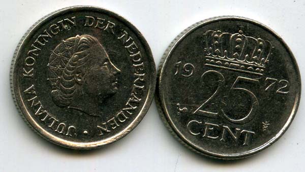 Монета 25 центов 1972г Нидерланды
